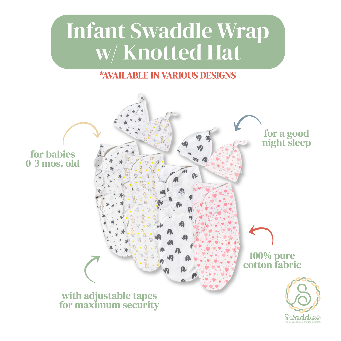 Infant Velcro Swaddle Wrap with Knotted Hat