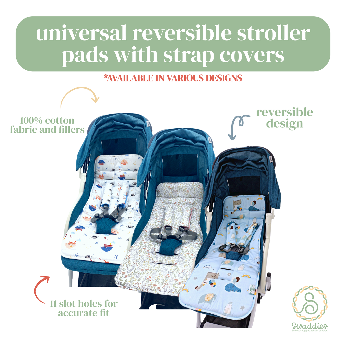 Universal Reversible Stroller Pads with Strap Covers